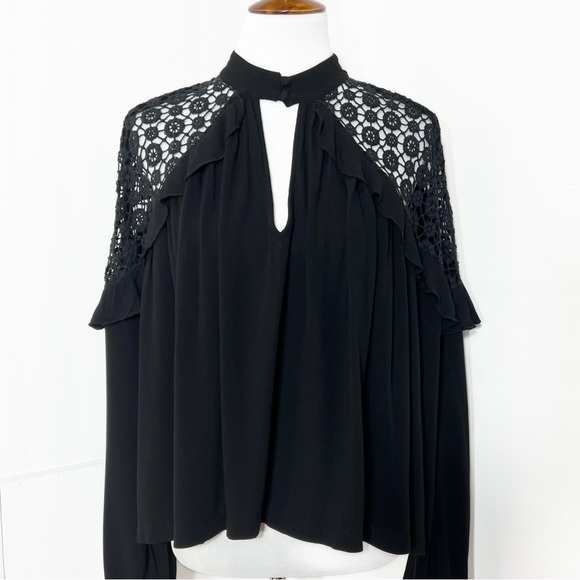 SOLD-Free People Ruffled Crochet Lace Black Draped Relaxed Long Sleeve Top - Picture 11 of 13